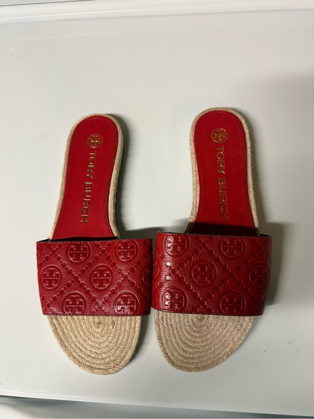 Tory Burch Red T Monogram Leather Espadrille Slide Sandals Size 7.5